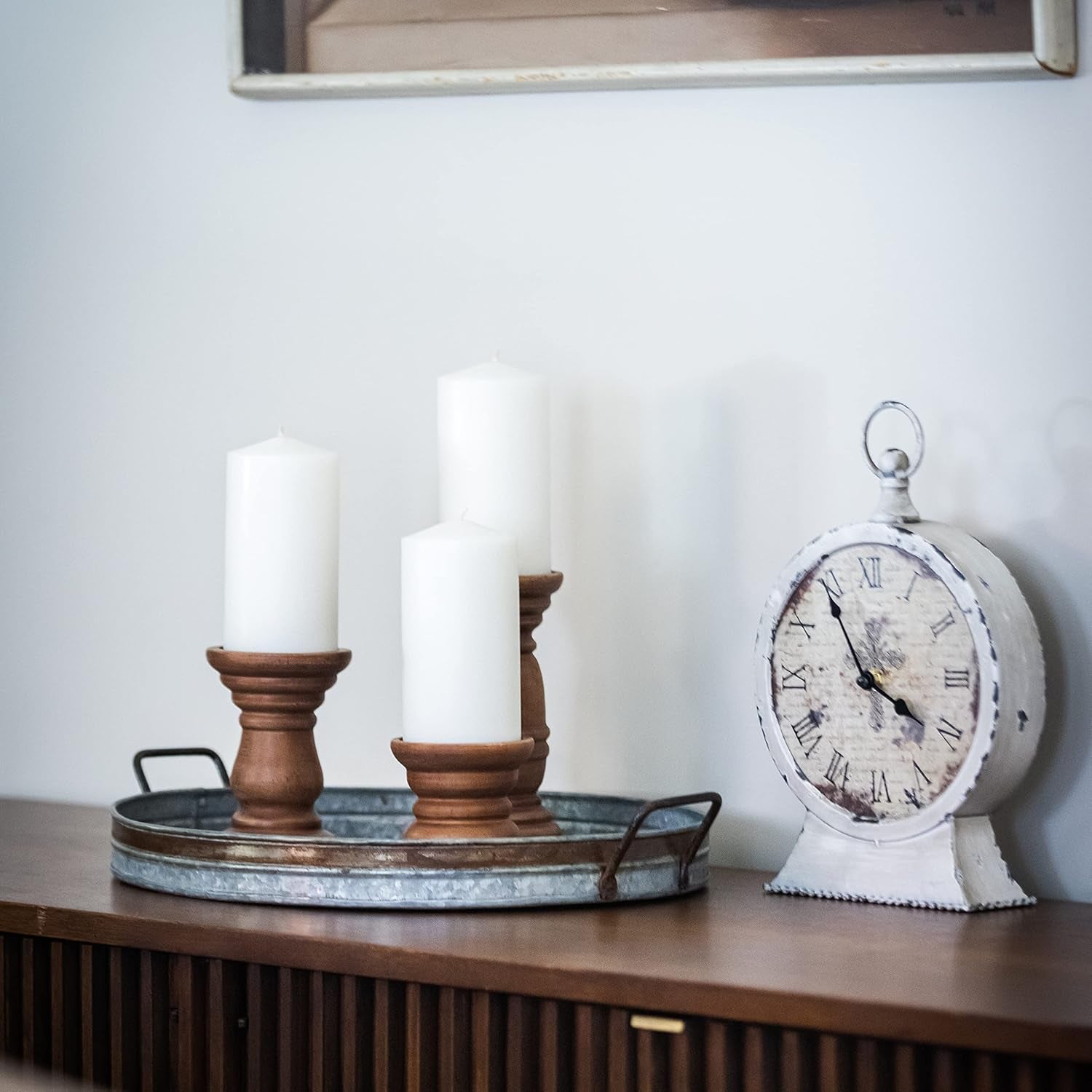 Oval Galvanized Metal Serving Tray with Rust Trim and Metal Handles, Decorative Centerpiece for Coffee Table or Dining Table, Large