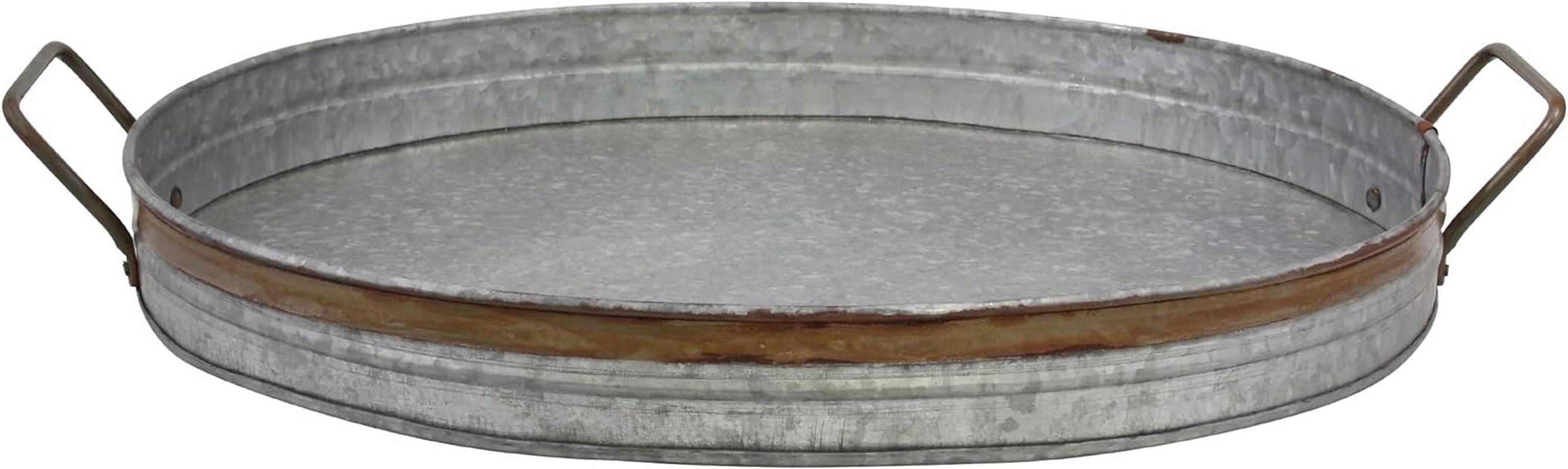 Oval Galvanized Metal Serving Tray with Rust Trim and Metal Handles, Decorative Centerpiece for Coffee Table or Dining Table, Large